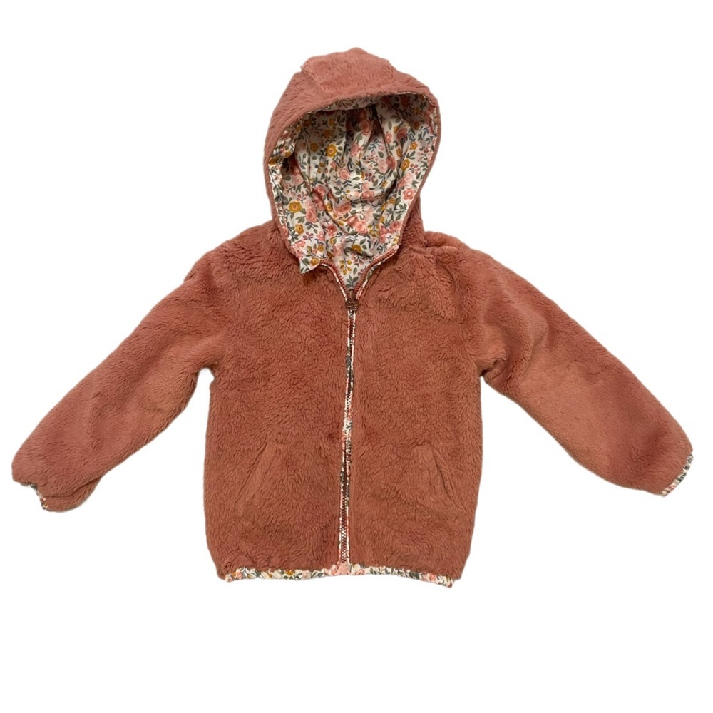 Nicole Miller Girls 4T Reversible Faux Fur Jacket Hooded Floral Pink Teddy